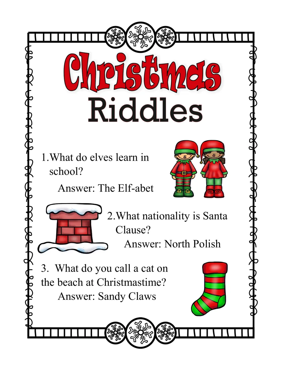 Christmas riddles 1 to 3 with printed answers, such as what elves learn in school (the Elf-abet) and Sandy Claws