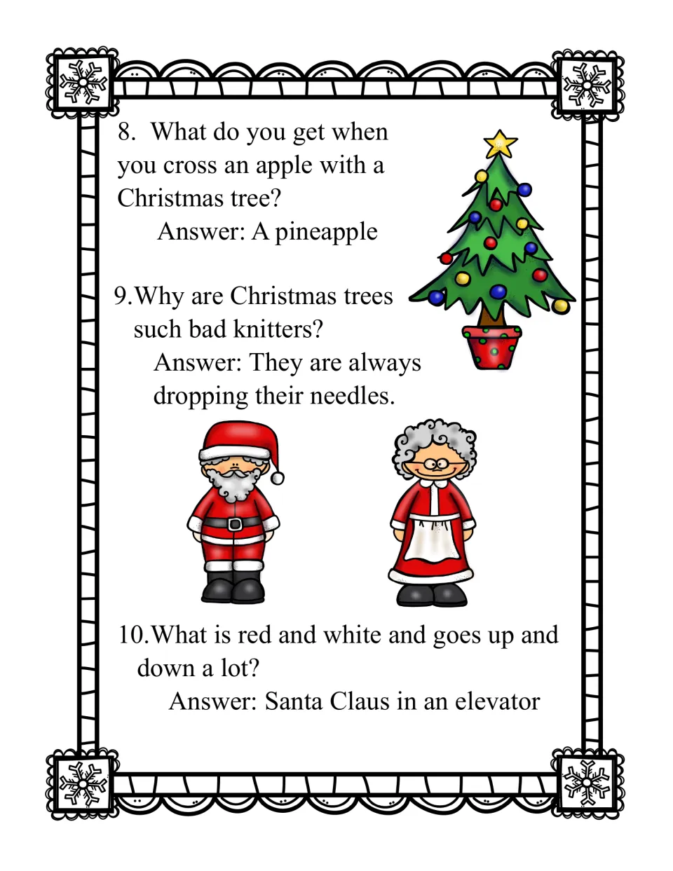 Riddles 8 to 10 with answers: a pineapple, trees dropping their needles, and Santa Claus in an elevator