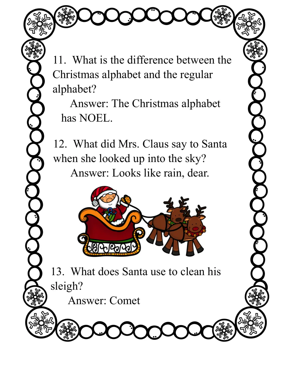 Riddles 11 to 13 with answers: the Christmas alphabet has NOEL, Looks like rain, dear, and Comet, with Santa's sleigh art