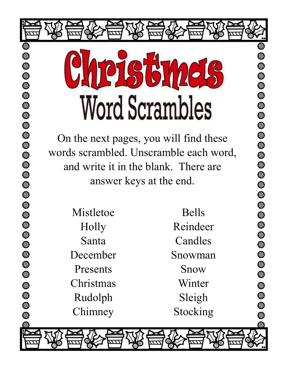 Christmas word scrambles intro: directions to unscramble each word, with a 16-word bank from Mistletoe to Stocking
