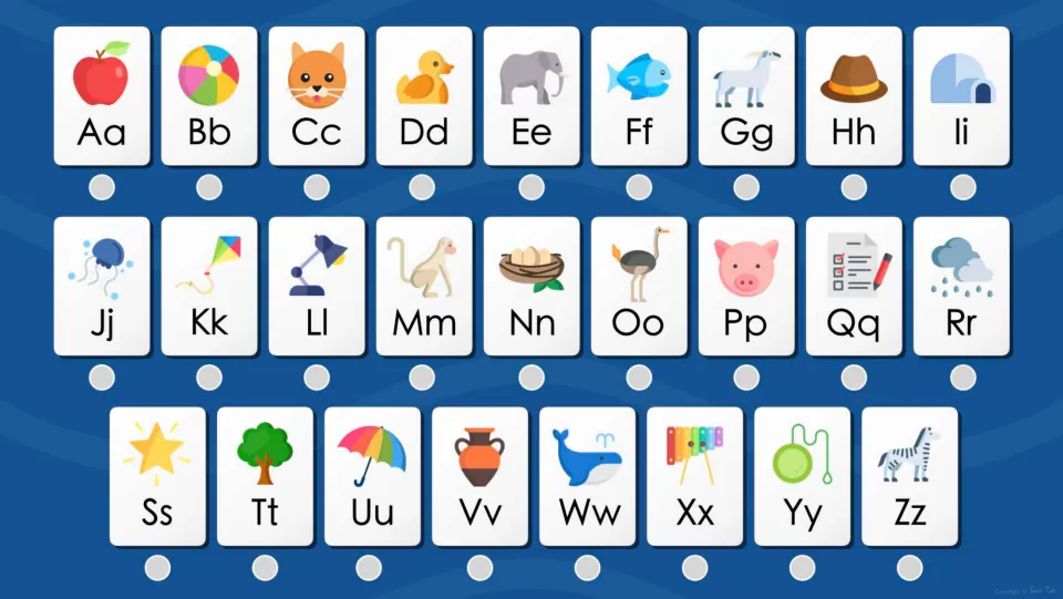 Home Screen of 26 letter cards Aa to Zz, each with a picture like apple, ball, cat and zebra; students choose a letter