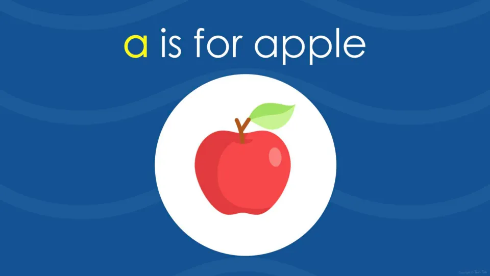 Letter a introduction slide reading a is for apple, with a red apple picture as the example word