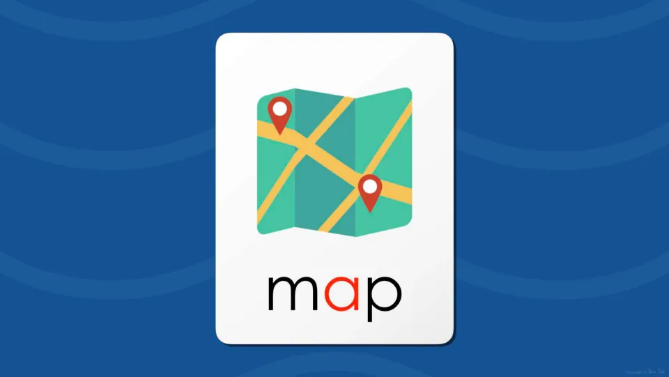 Vocabulary card for letter a: the word map below a folded map with two red location pins, its middle a highlighted in red