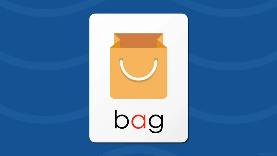 Vocabulary card for letter a: the word bag beneath an orange shopping bag picture, with the vowel a shown in red