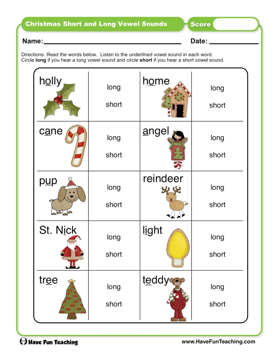 Christmas vowel sounds: students read 10 words like holly and cane and circle long or short for the underlined vowel