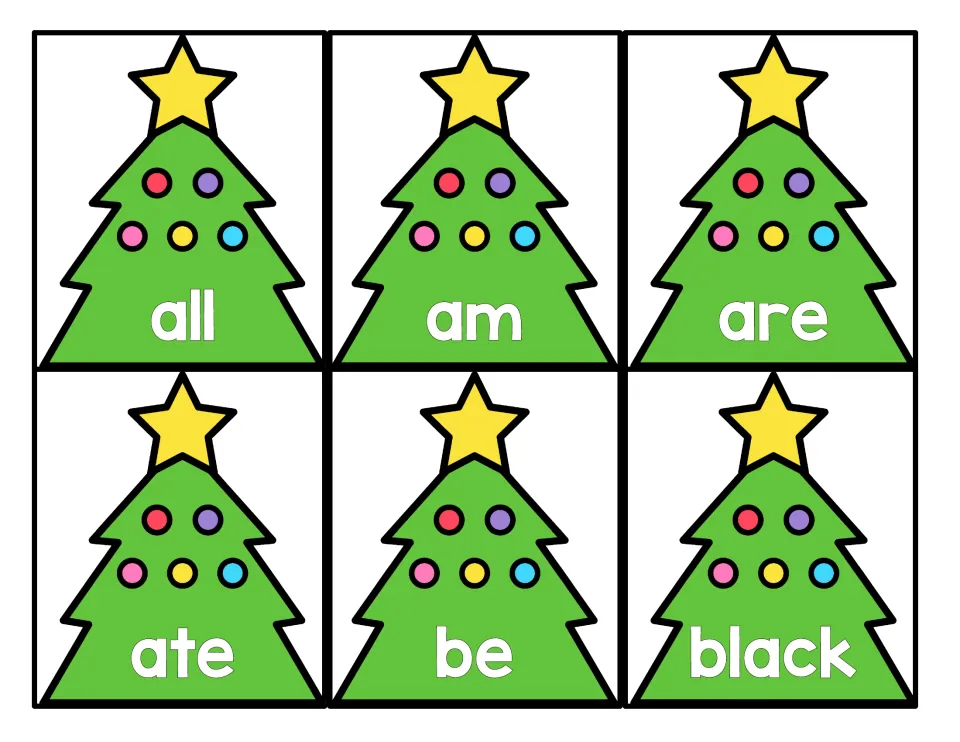 Christmas tree sight word cards 1–6 of 52: all, am, are, ate, be, and black, for primer word practice.