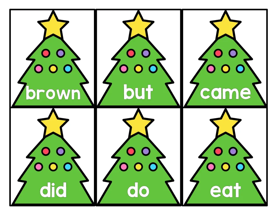 Christmas tree sight word cards 7–12 of 52: brown, but, came, did, do, and eat, for primer word practice.