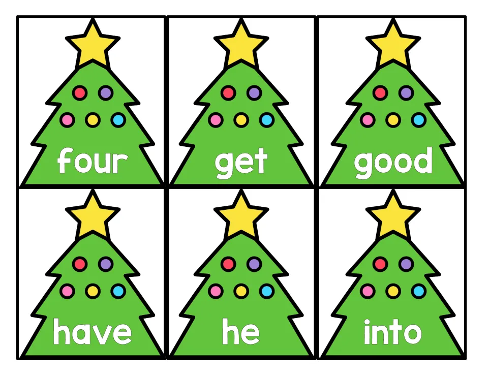 Christmas tree sight word cards 13–18 of 52: four, get, good, have, he, and into, for primer word practice.