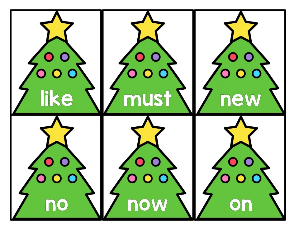 Christmas tree sight word cards 19–24 of 52: like, must, new, no, now, and on, for primer word practice.