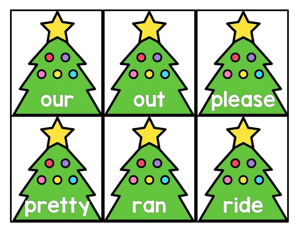 Christmas tree sight word cards 25–30 of 52: our, out, please, pretty, ran, and ride, for primer word practice.