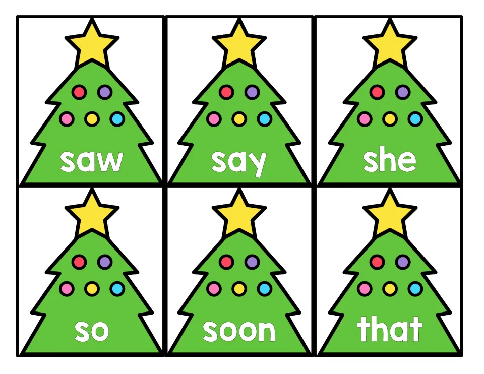 Christmas tree sight word cards 31–36 of 52: saw, say, she, so, soon, and that, for primer word practice.