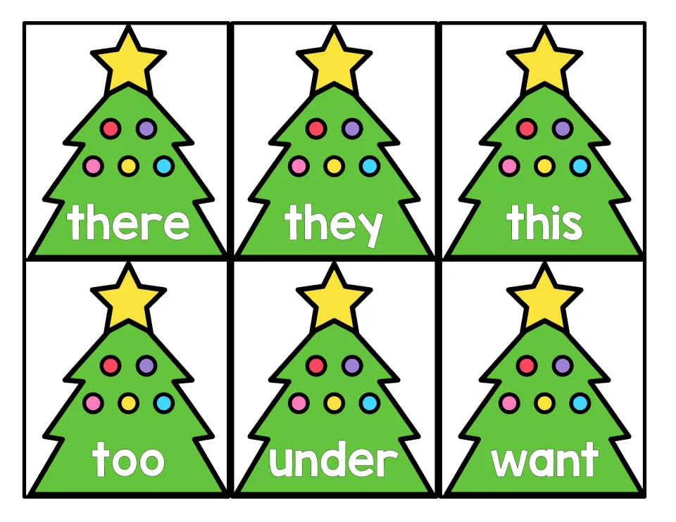 Christmas tree sight word cards 37–42 of 52: there, they, this, too, under, and want, for primer word practice.