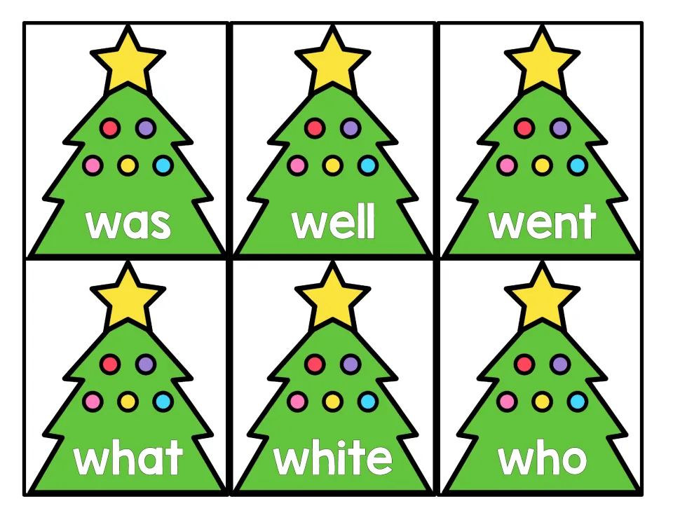Christmas tree sight word cards 43–48 of 52: was, well, went, what, white, and who, for primer word practice.
