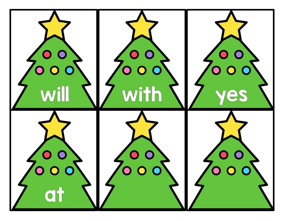 Christmas tree sight word cards 49–52 of 52: will, with, yes, and at, plus two blank cards for added words.