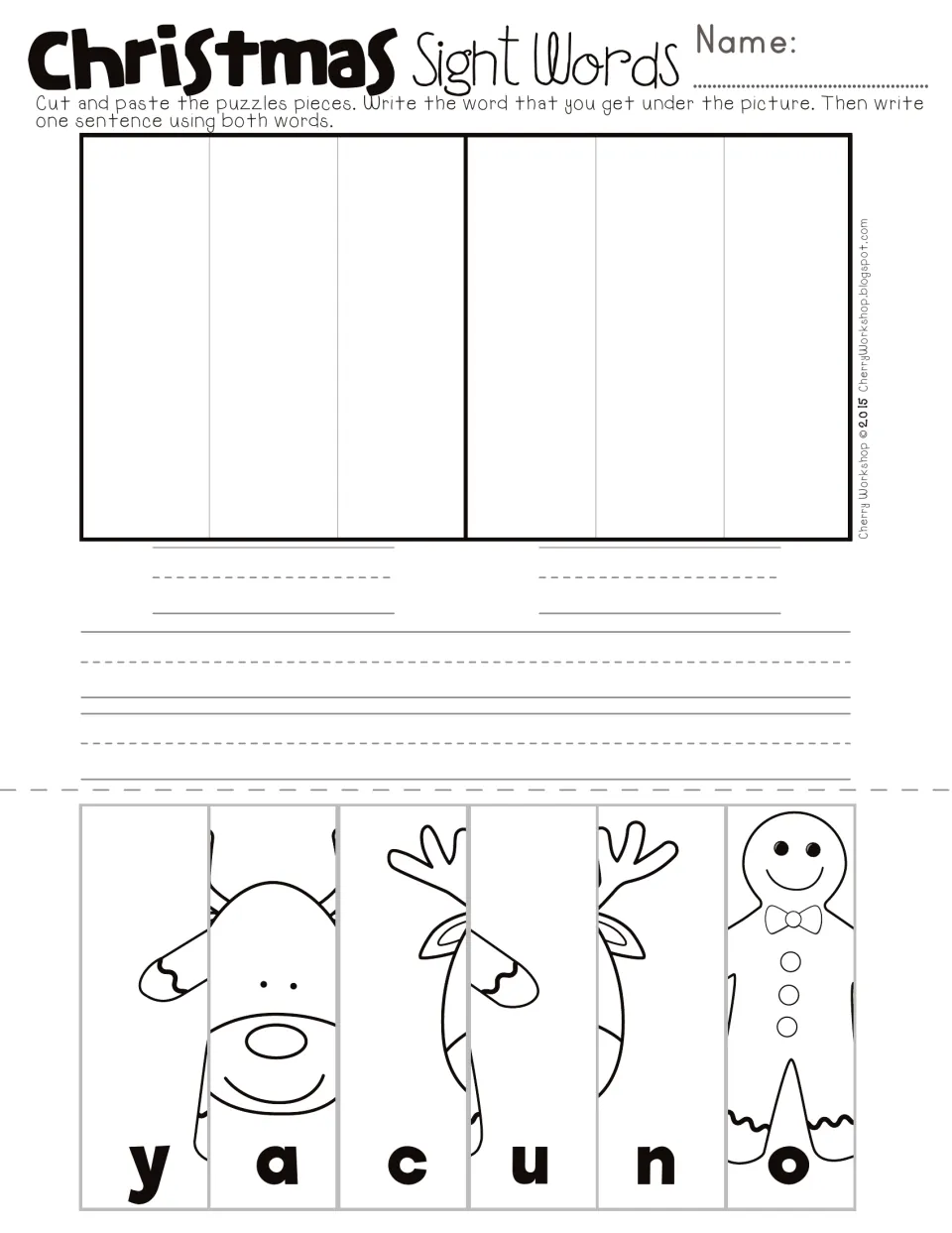 Christmas sight word puzzle 1: cut-apart reindeer and gingerbread man strips lettered y, a, c, u, n, o to paste in order