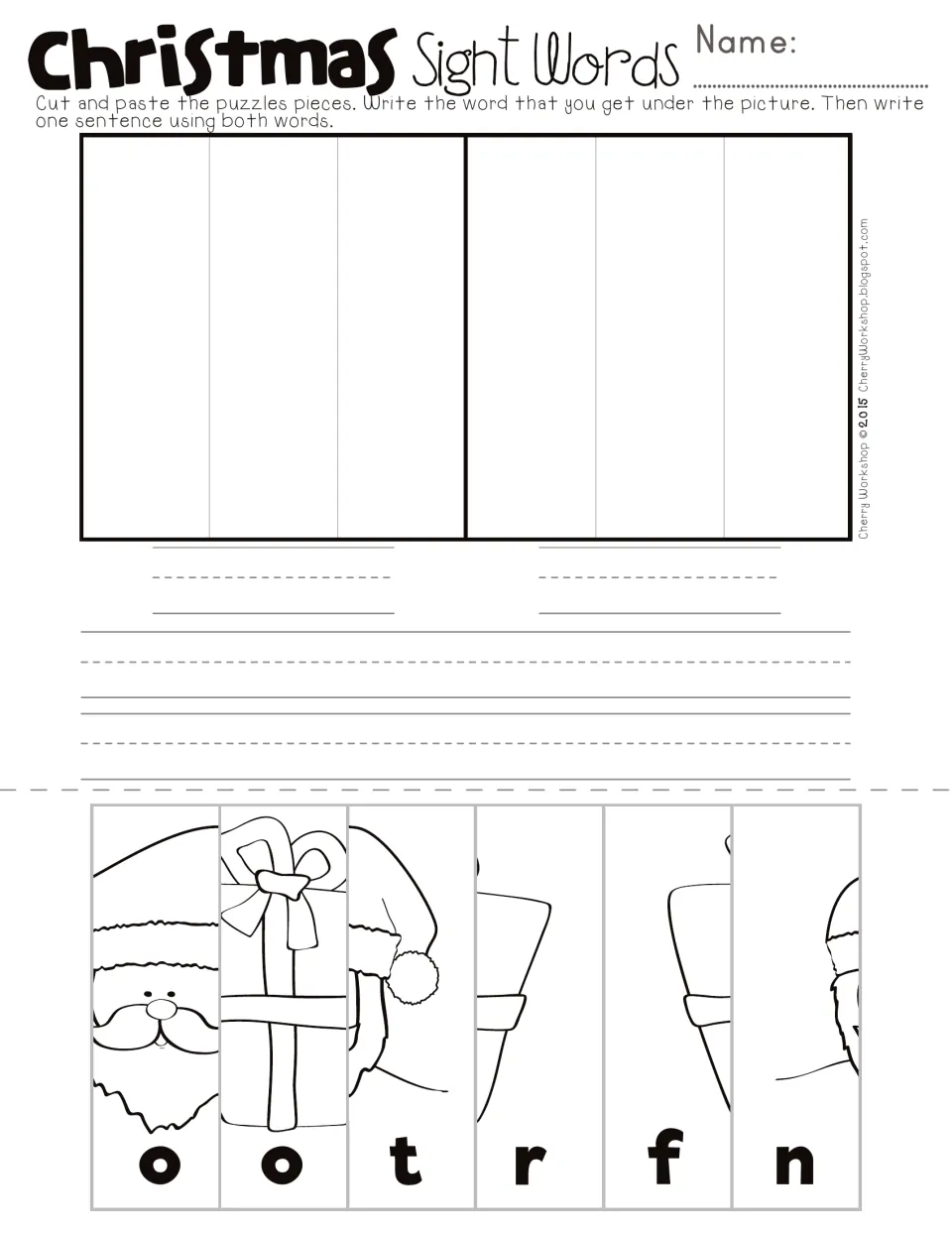 Sight word puzzle 2: cut-apart Santa and gift picture strips lettered o, o, t, r, f, n to paste and spell two words