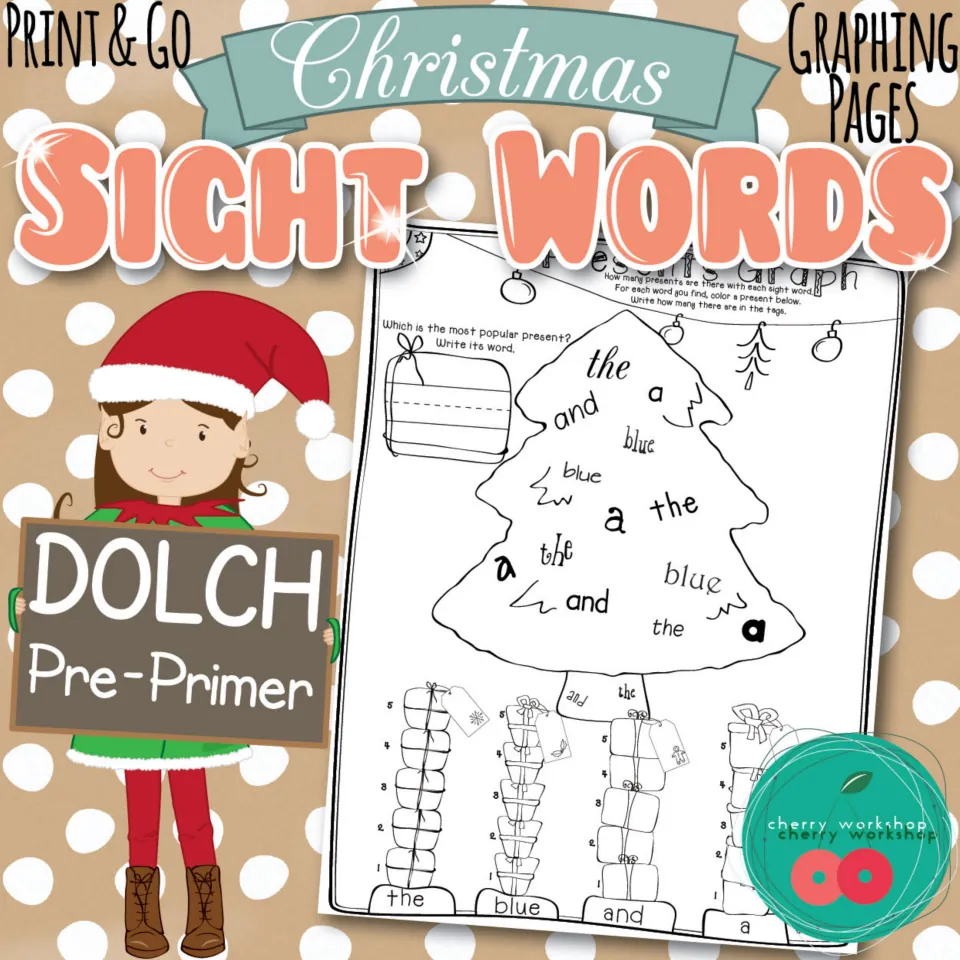 Christmas Sight Words cover: Dolch Pre-Primer graphing pages, showing a Presents Graph sheet with the, blue, and, a