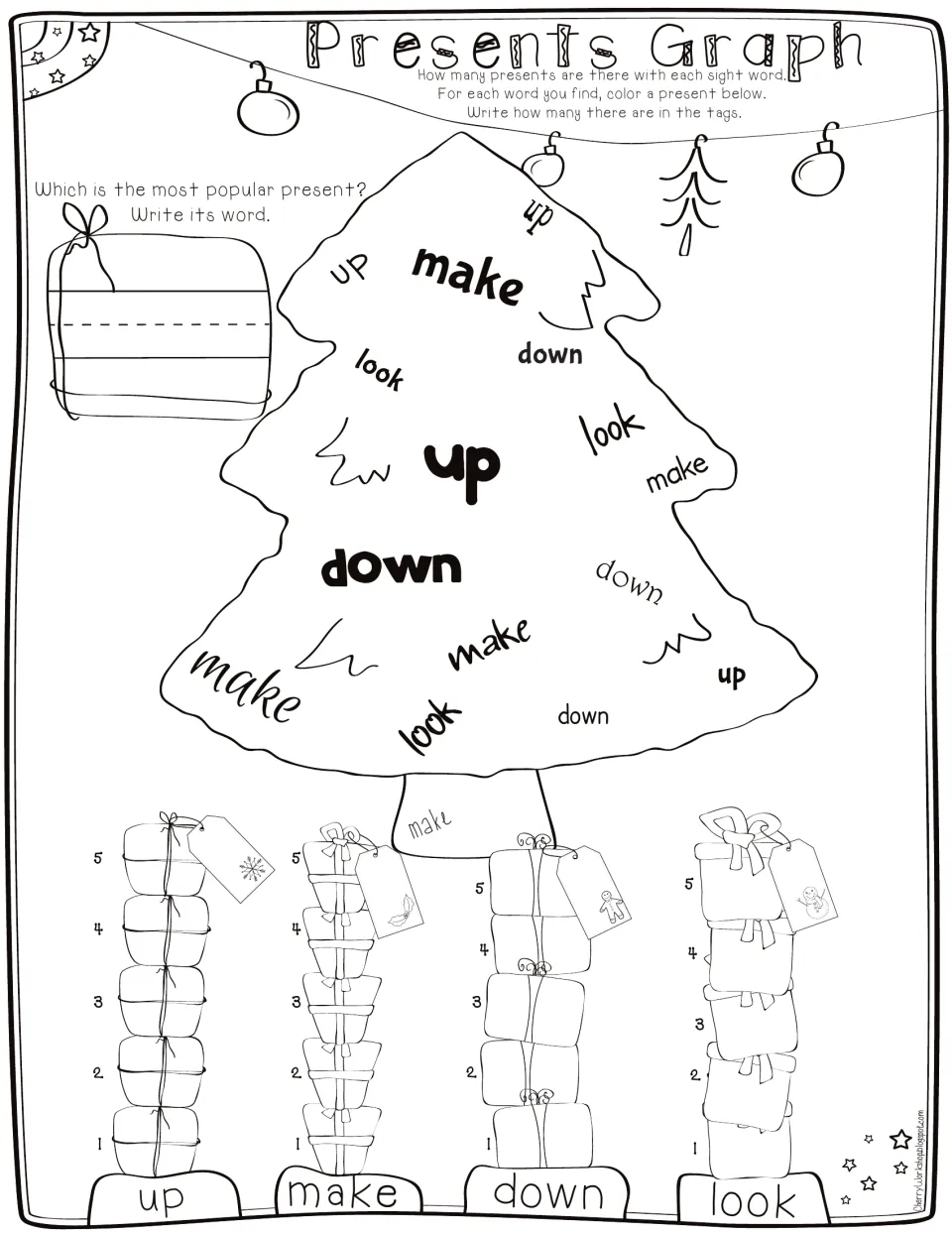 Presents Graph: find and graph up, make, down and look on a Christmas tree, then write the most popular word