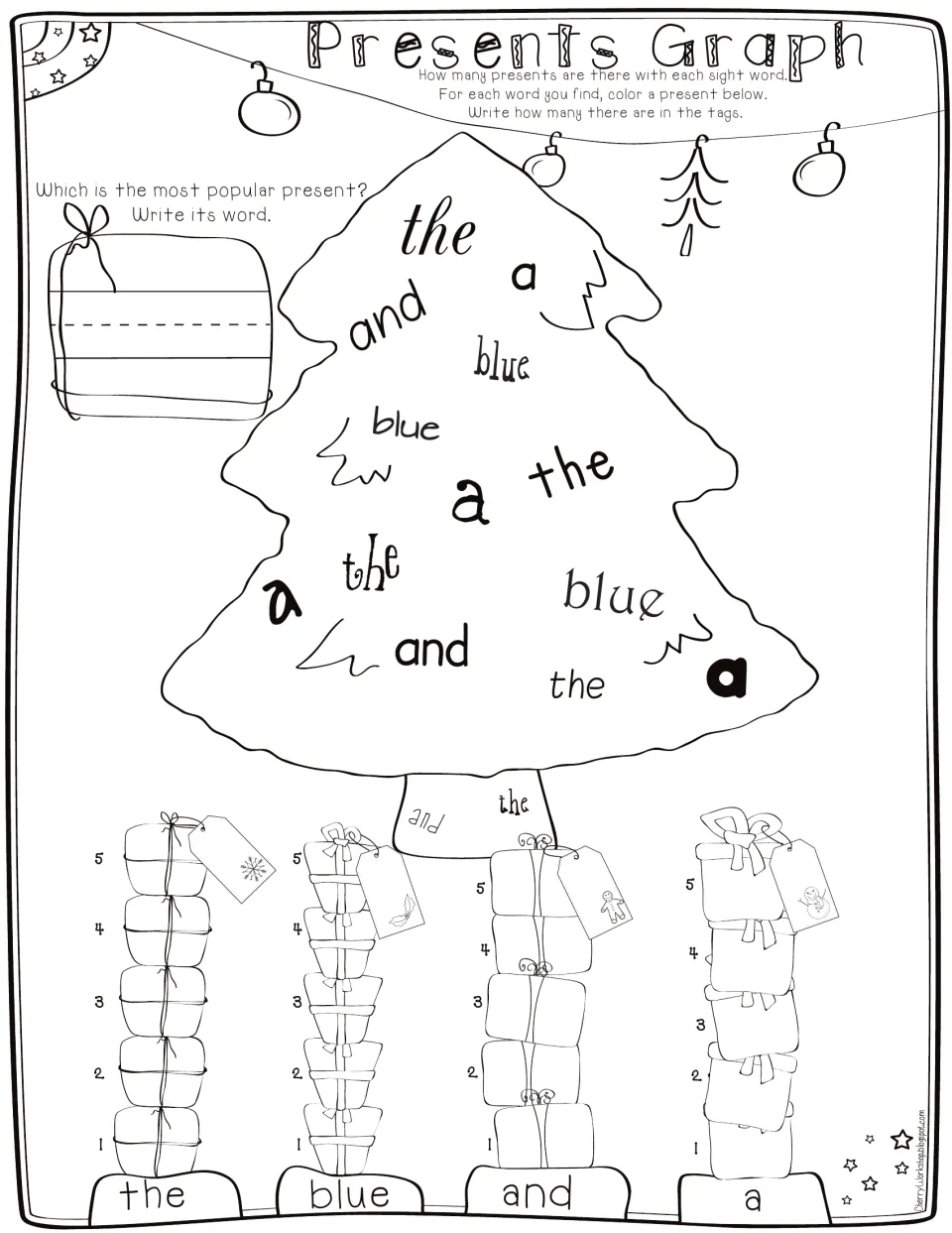 Presents Graph for the, blue, and, a: color a present for each word found in the tree and write the totals in tags
