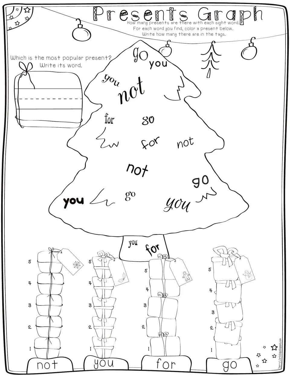Presents Graph with sight words not, you, for and go in mixed fonts on a tree, graphed in stacks of presents