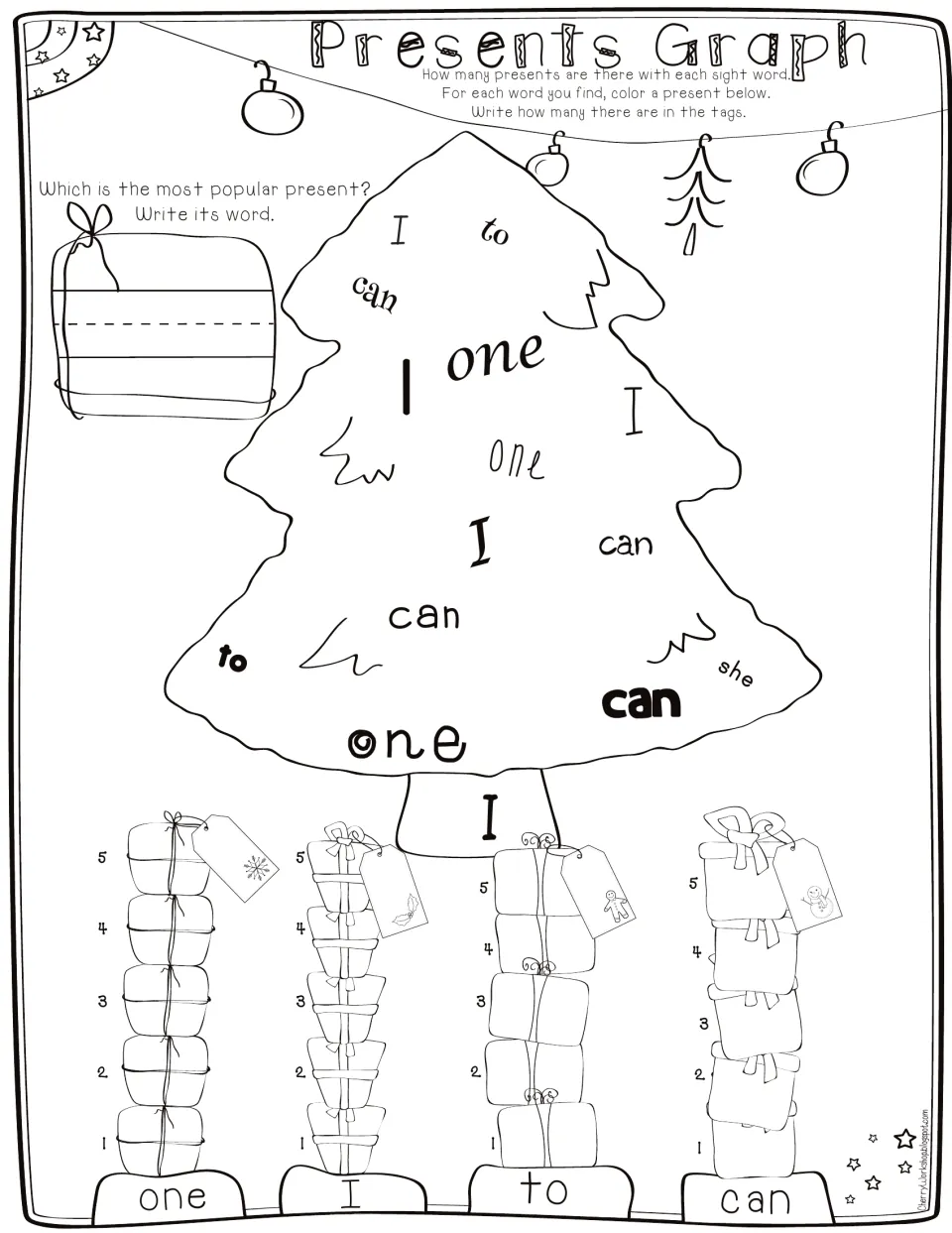 Presents Graph for one, I, to and can: count each word on the Christmas tree and graph it, up to 5 presents