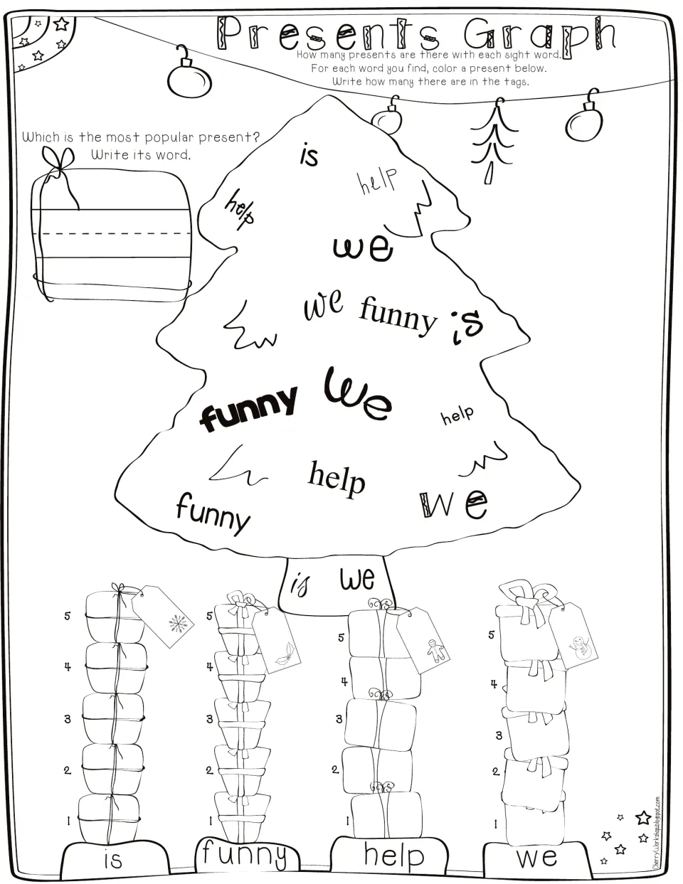Presents Graph with is, funny, help and we on a tree, plus a gift box to write the most popular word