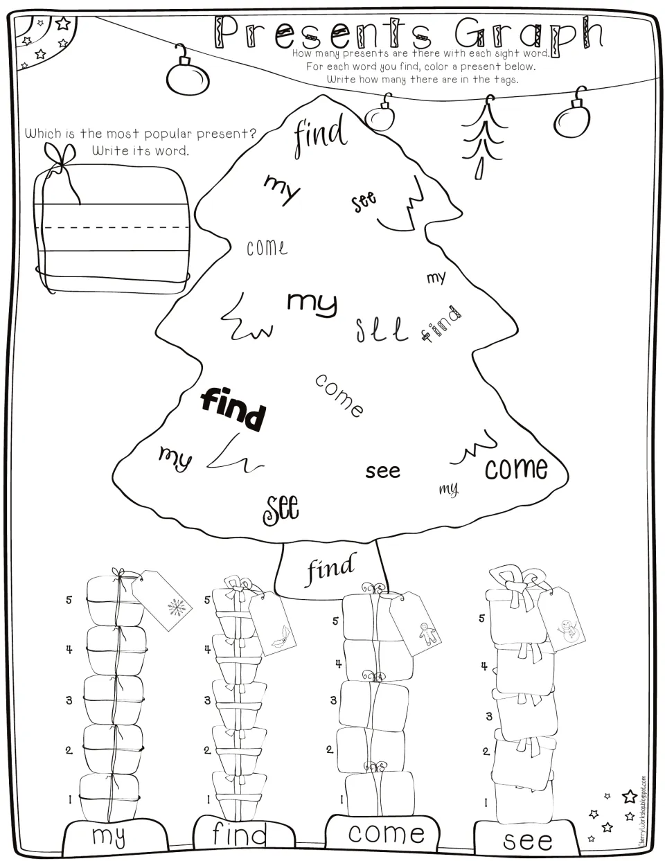 Presents Graph sight words my, find, come and see scattered on a Christmas tree to count, color and graph