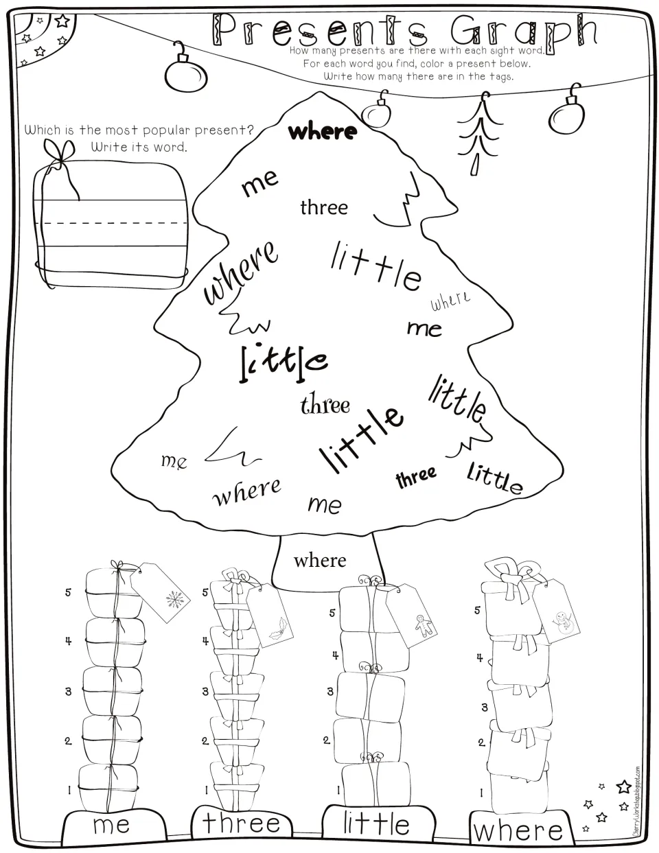 Presents Graph for me, three, little and where, with each word in different fonts on the tree to find and graph