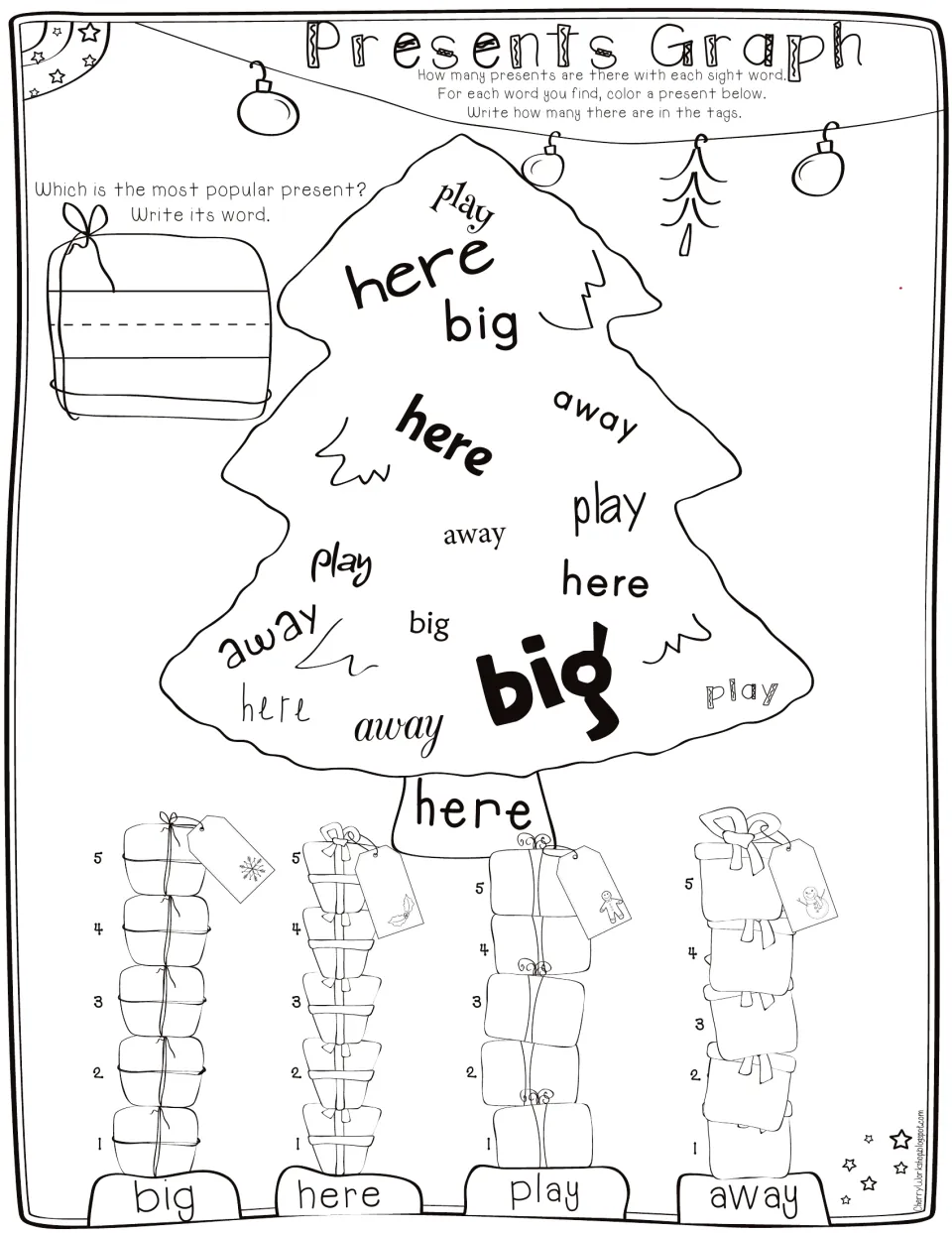 Presents Graph using big, here, play and away: find each word on the tree, color presents and record the counts