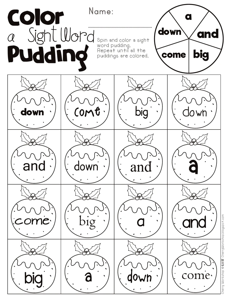 Christmas sight word coloring sheet 1: spin to color 16 puddings labeled a, and, big, come, and down.