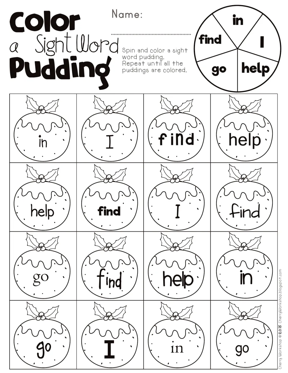 Christmas sight word coloring sheet 2: spin to color 16 puddings labeled in, I, help, go, and find.