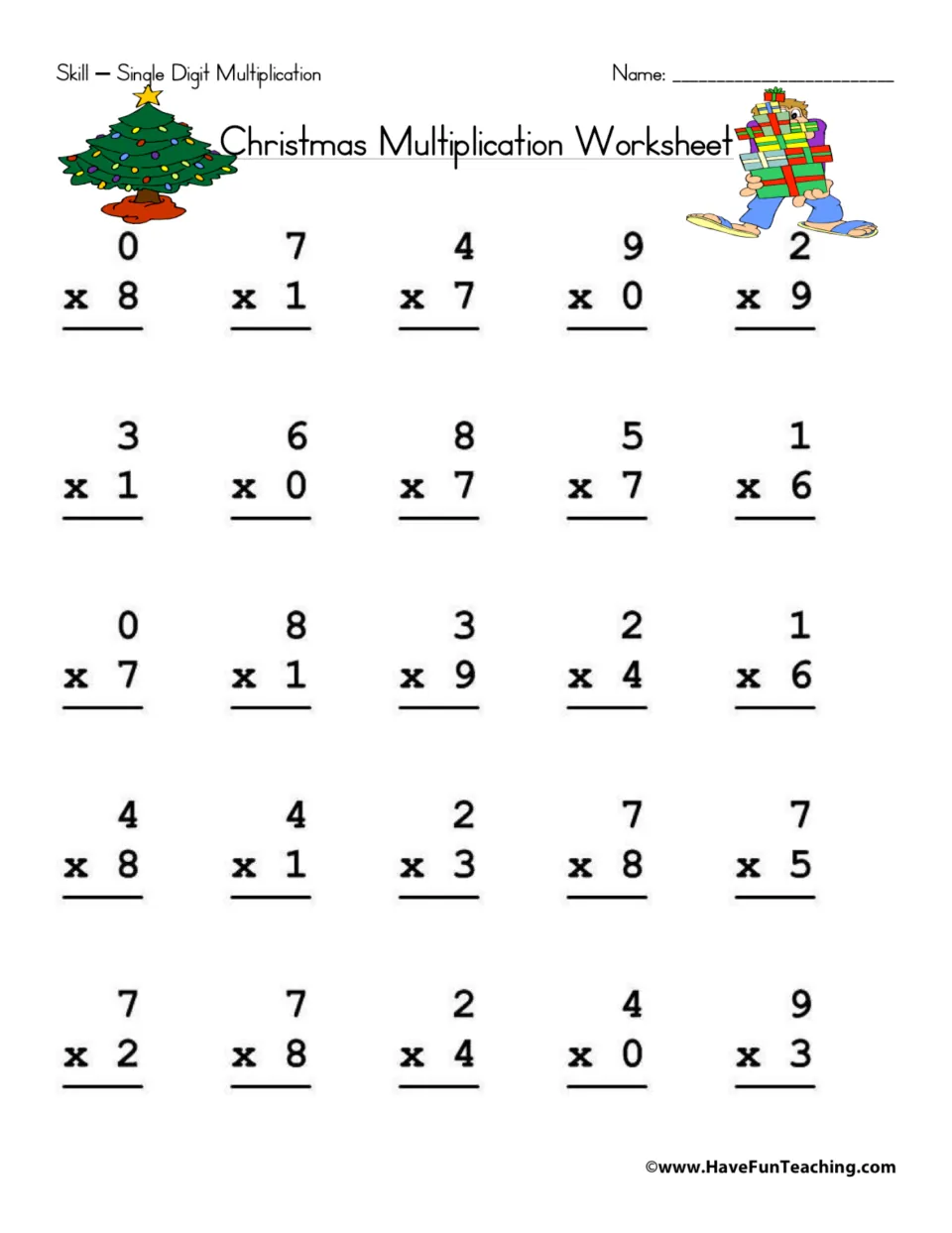 Christmas multiplication practice sheet with 25 single-digit problems, including 0 × 8, 7 × 1, and 4 × 7.