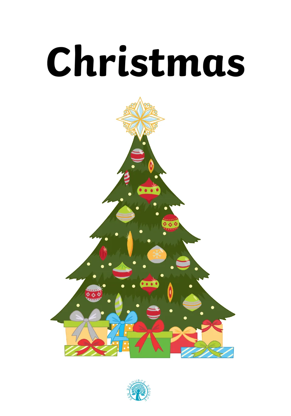 Social story cover titled 'Christmas,' showing a decorated Christmas tree with wrapped gifts underneath