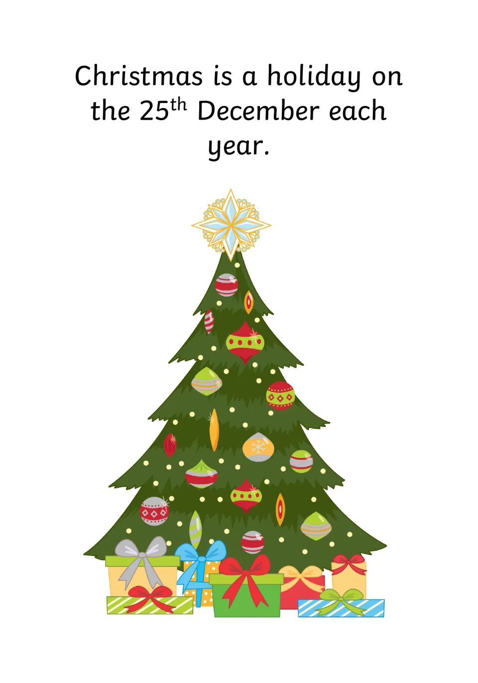 Social story page 2 explains that Christmas is a holiday on December 25 each year, with a decorated tree