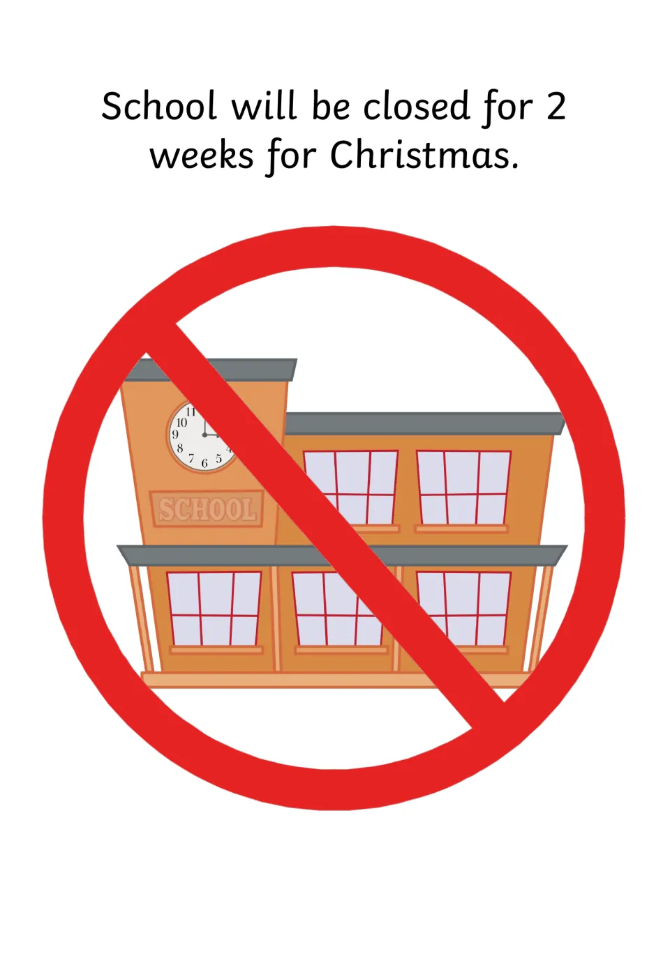 Social story page 3 states that school will be closed for two weeks for Christmas, with a crossed-out school