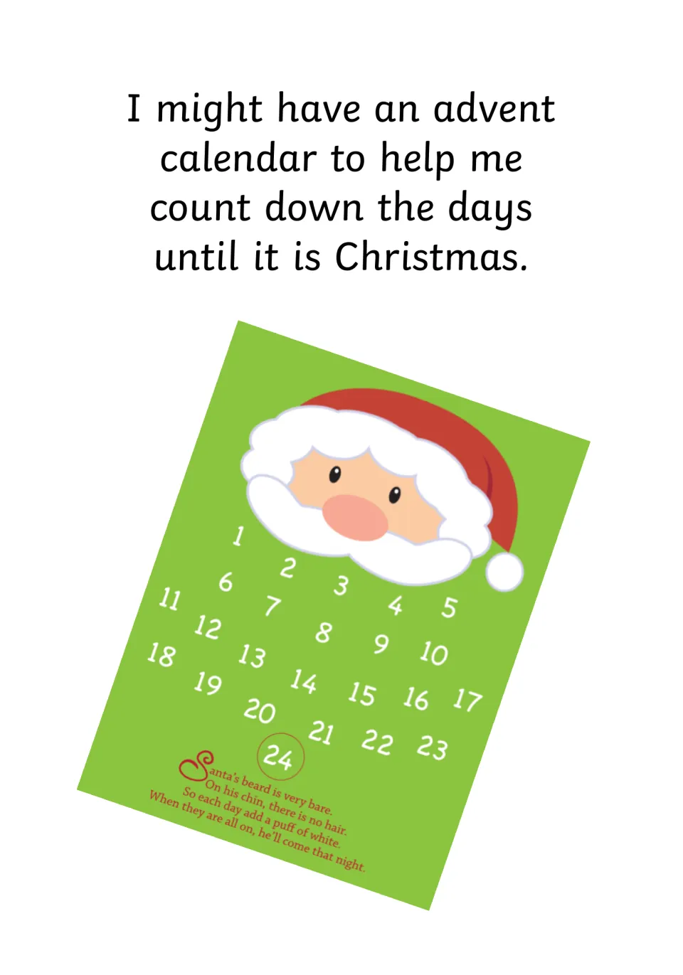 Social story page 4 explains that an Advent calendar might help the narrator count down to Christmas