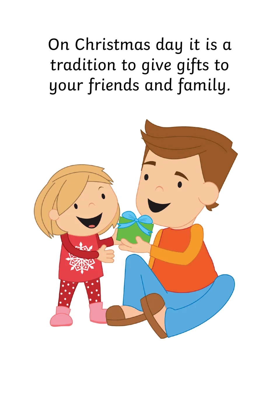 Social story page 8 explains the Christmas Day tradition of giving gifts to friends and family