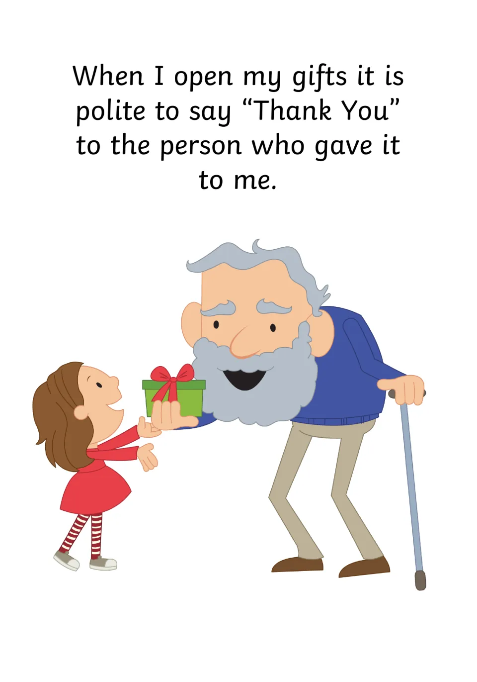 Social story page 10 explains that saying 'Thank You' to the person who gave a gift is polite when opening it