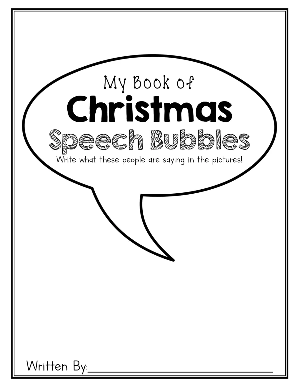 Student book cover reads 'My Book of Christmas Speech Bubbles' and includes a space for the author's name
