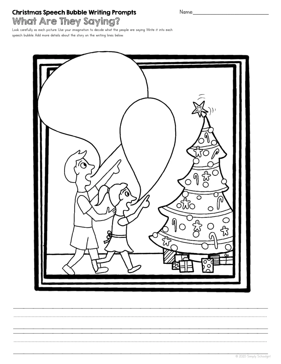 Christmas writing prompt shows two children pointing at a tipping tree star, with speech bubbles to fill
