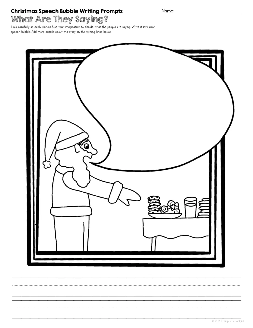 Christmas writing prompt shows Santa reaching toward cookies and milk, with a speech bubble to complete