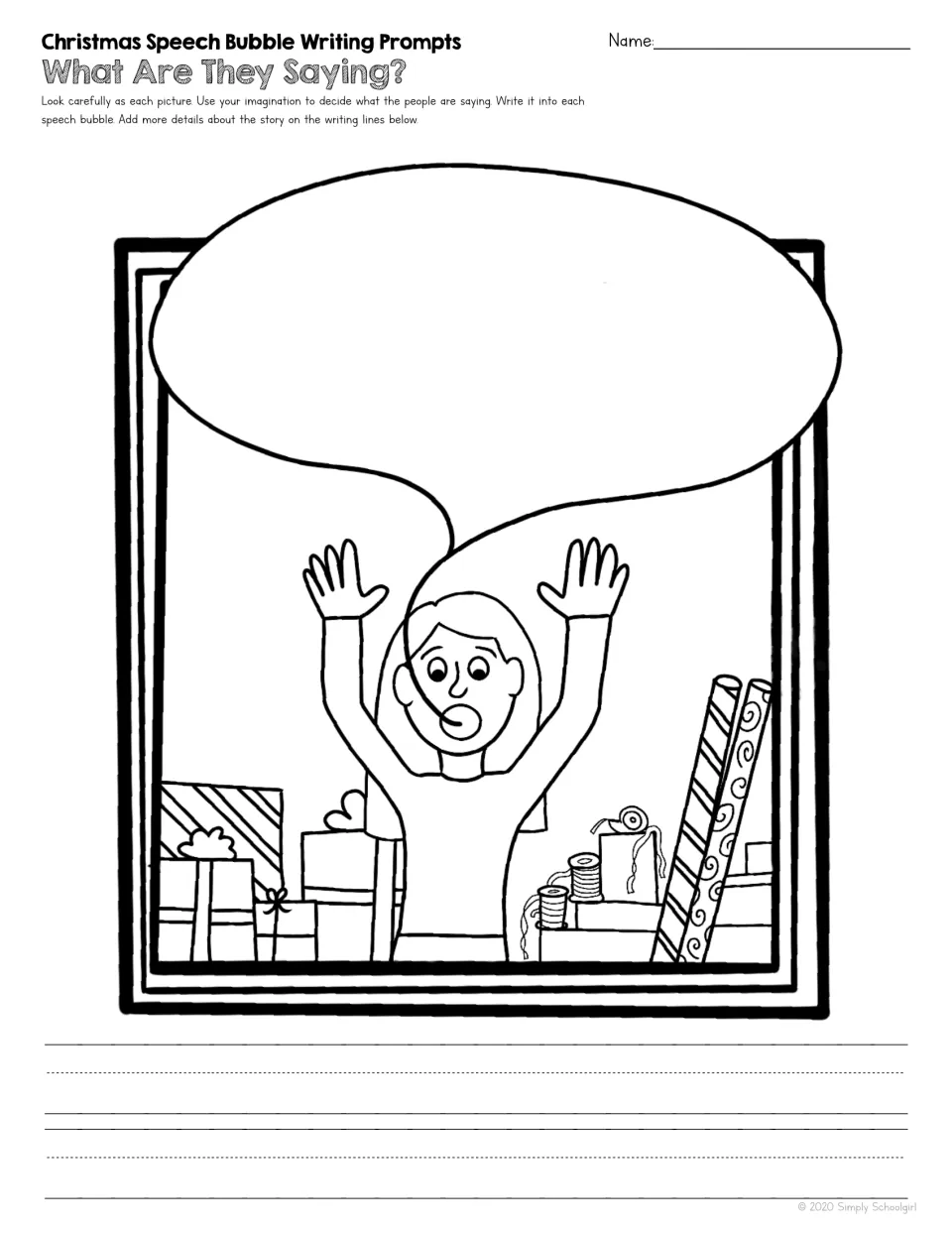 Christmas writing prompt shows a child raising both hands among gifts and wrapping supplies, ready for dialogue