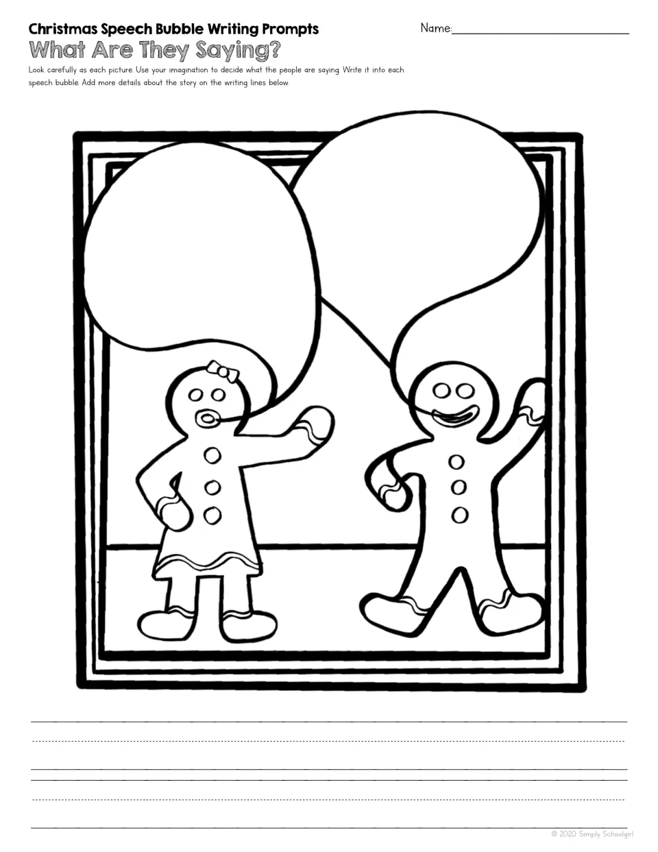Christmas writing prompt shows two gingerbread characters, each with a speech bubble for an imagined conversation