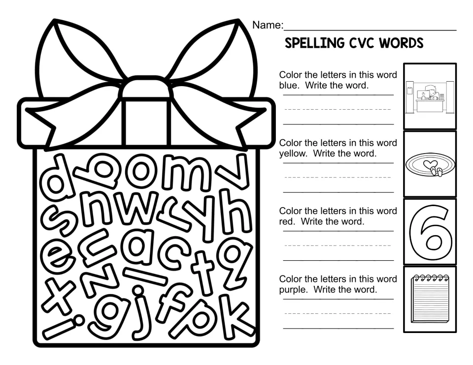 CVC spelling: students color letters in a gift to spell pictured words (desk, dish, 6, notepad), then write each word