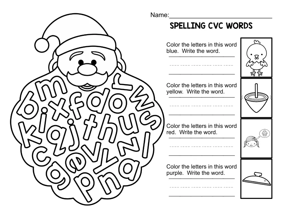 CVC spelling: students color letters in Santa's beard for a chick, spinning top, girl and pot lid, then write words