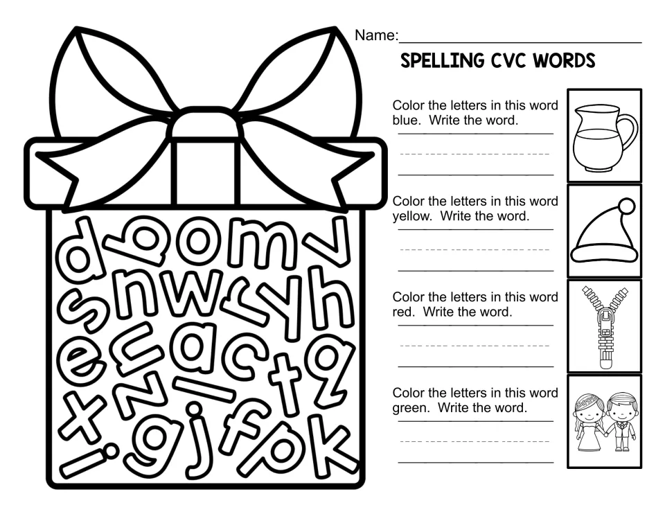 CVC spelling in a gift box: students color letters for a jug, Santa hat, zipper and bride and groom, then write each word