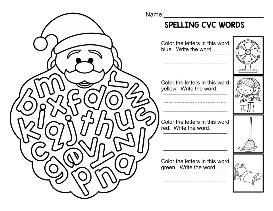 Santa beard letter hunt: students color the letters spelling a fan, hug, mop and bed picture, then write each CVC word