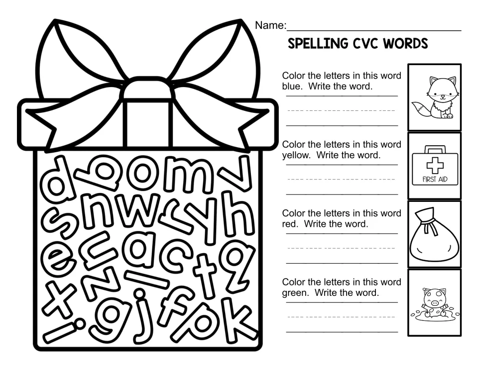 Gift box letter hunt: students color letters to spell words for a fox, first aid kit, sack and pig in mud, then write them