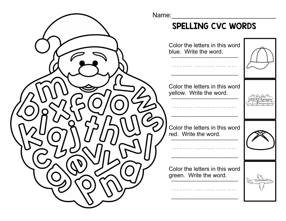 Santa beard CVC spelling: students color letters for a cap, a group of people, a bun and a jet, then write each word