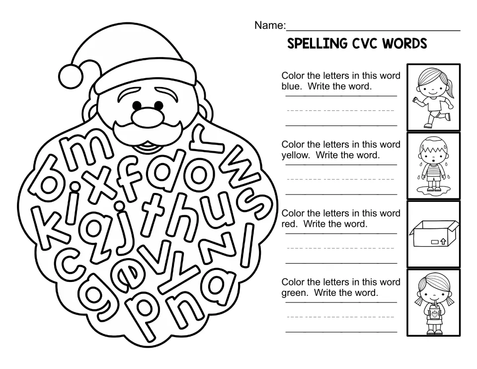 Santa beard spelling: students color letters for a running girl, wet boy, box and girl sipping a drink, then write words